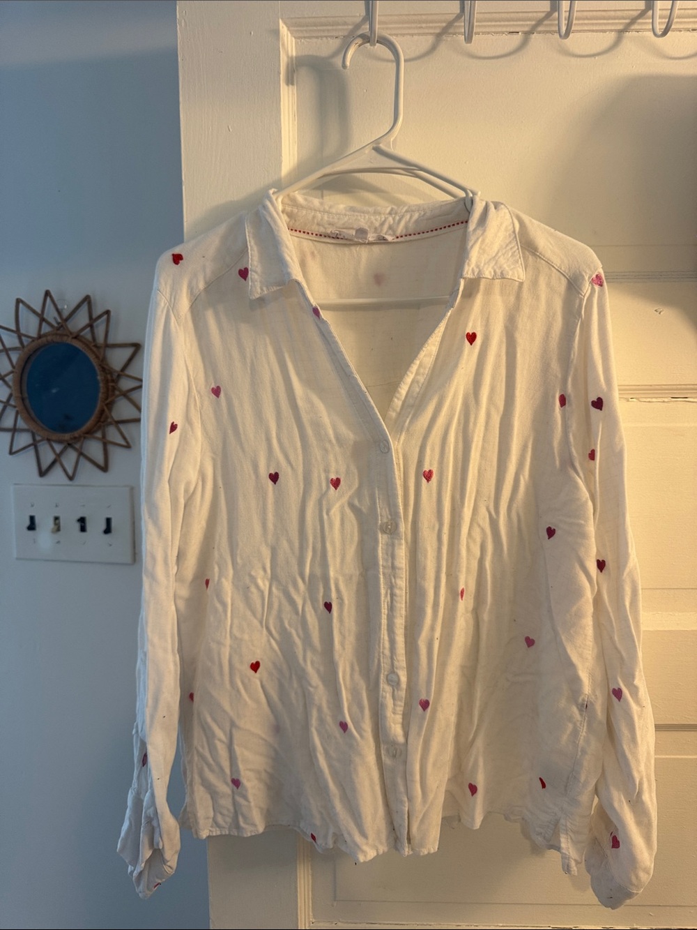 Jane and Delancey White Button-Down Shirt with Pink and Red Heart Embroidery